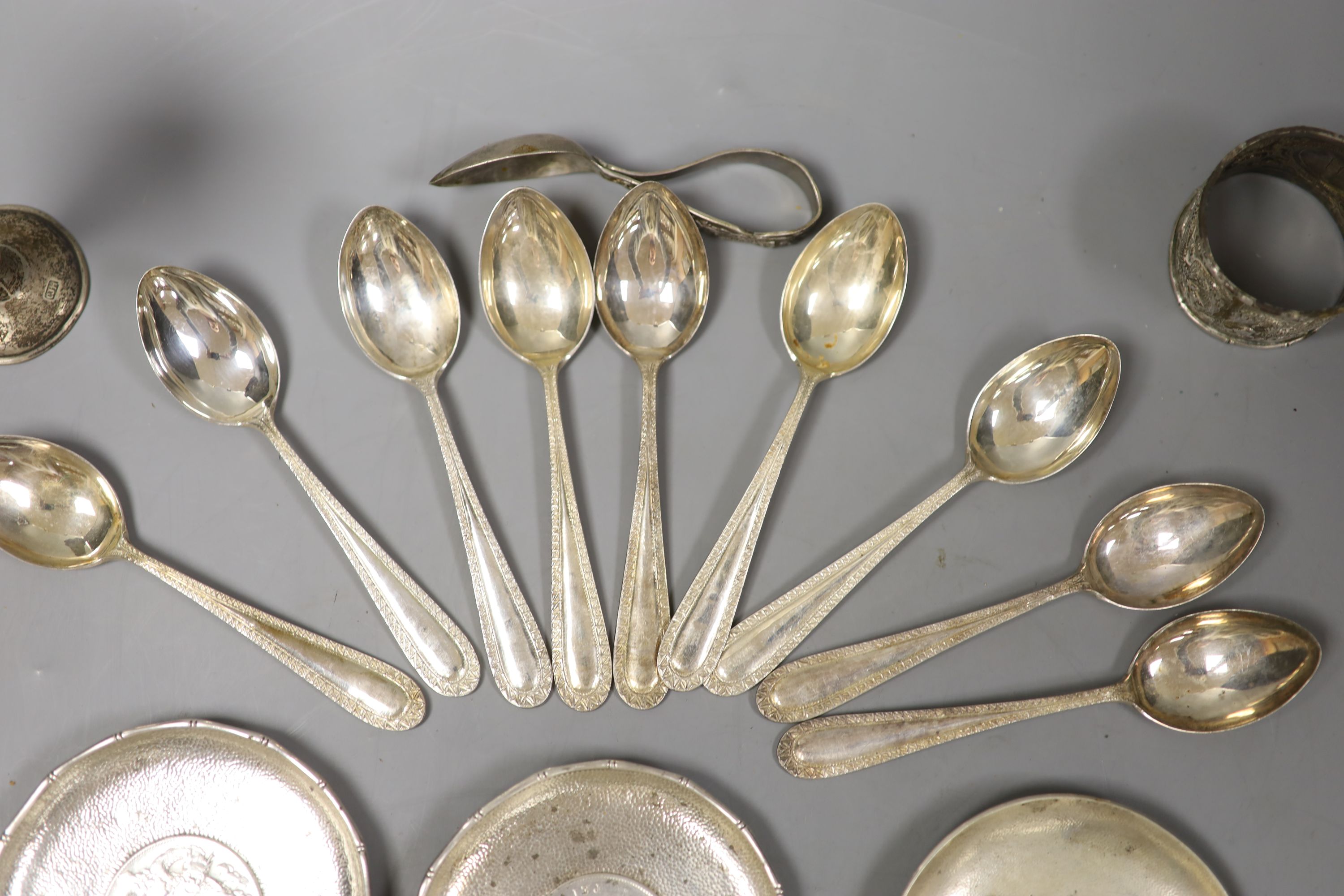 Small Chinese white metal items including inset coin dishes, teaspoons, posy vase and napkin ring.